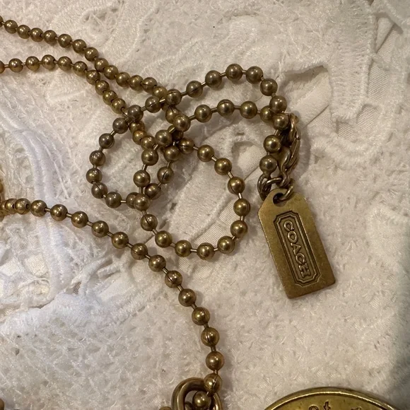 Coach Logo Pendant In Gold Tone with Amber Glass Center on Gold Tone Chain - Picture 13 of 16